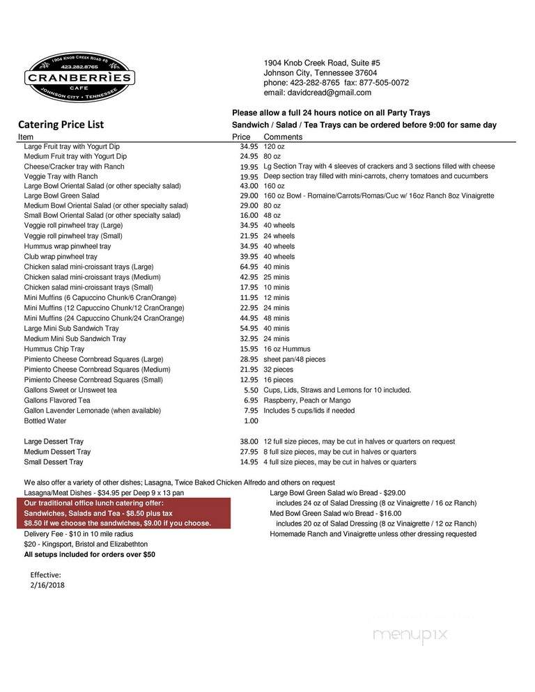 Cranberries - Johnson City, TN menu_pic