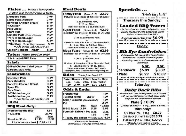 Dale Hollow 1 Stop BBQ - Celina, TN menu_pic