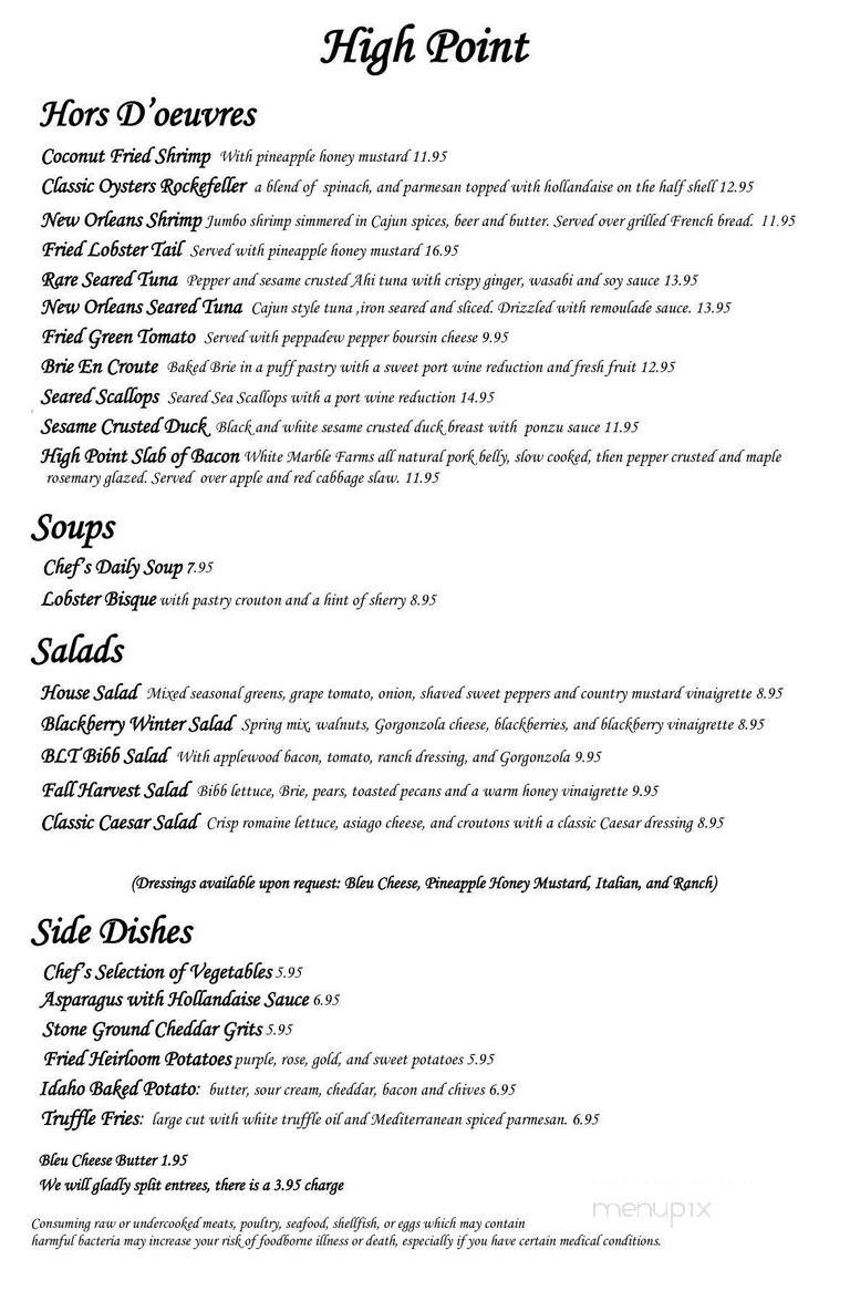 High Point Restaurant - Monteagle, TN menu_pic