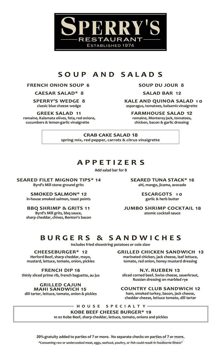 Menu of Sperry's in Franklin, TN 37067
