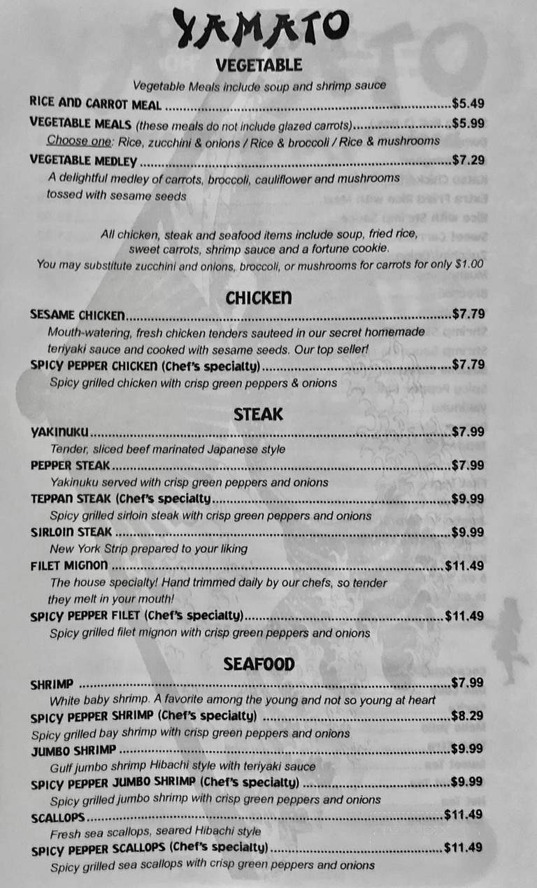 Yamato Japanese Steakhouse - Johnson City, TN menu_pic