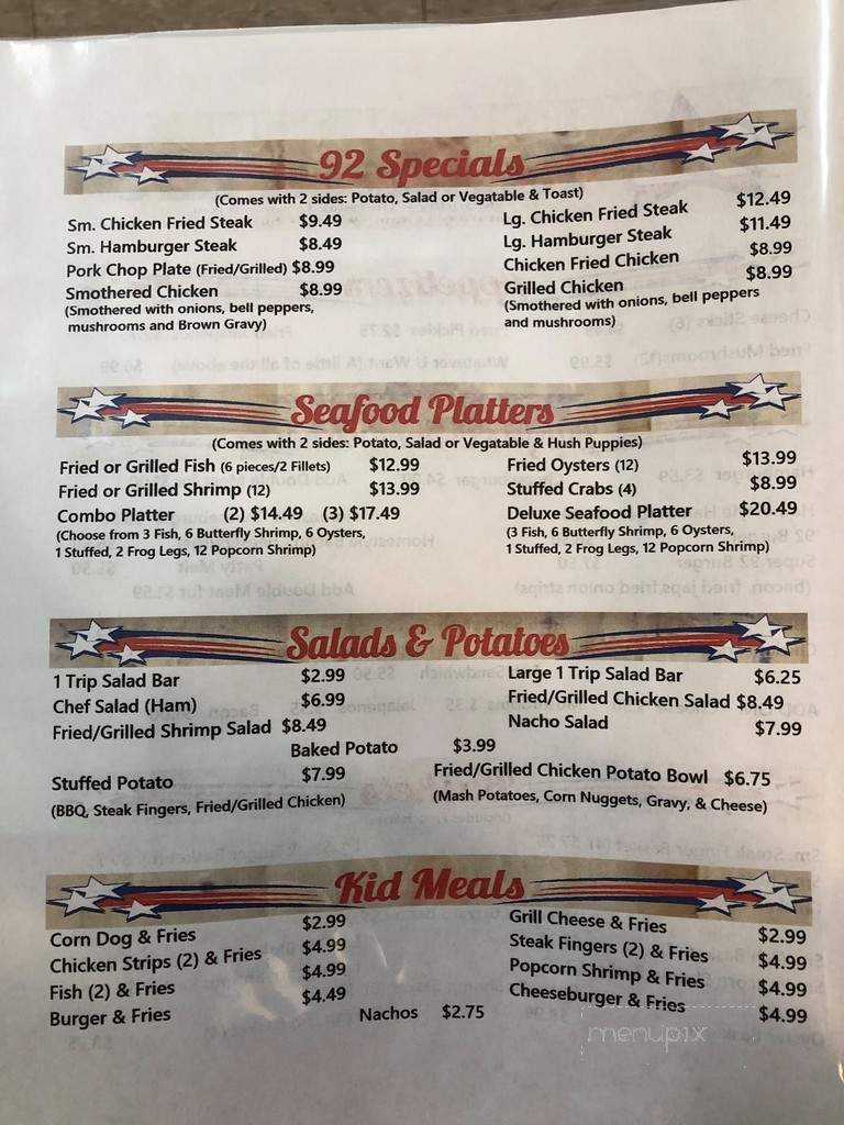 92 Restaurant - Fred, TX menu_pic