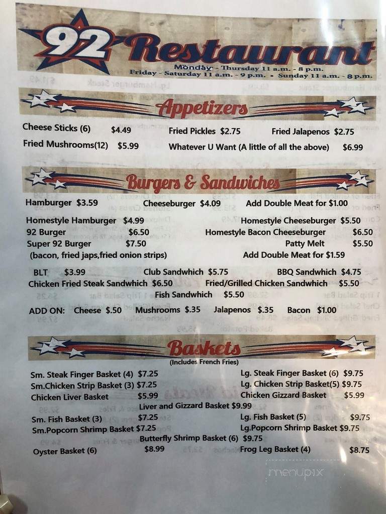 92 Restaurant - Fred, TX menu_pic