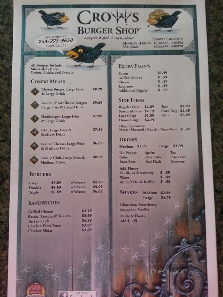 Crow's Burger Shop - Belton, TX menu_pic