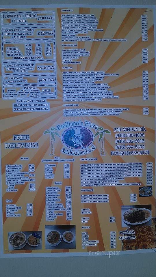 Emiliano's Pizza - Vinton, TX menu_pic