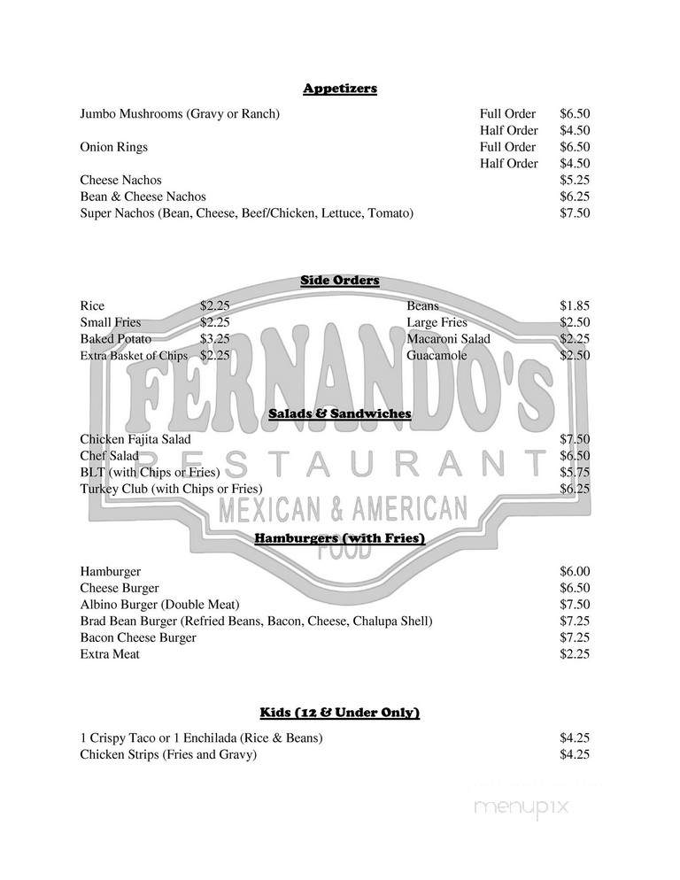 Fernandos Restaurant - Castroville, TX menu_pic