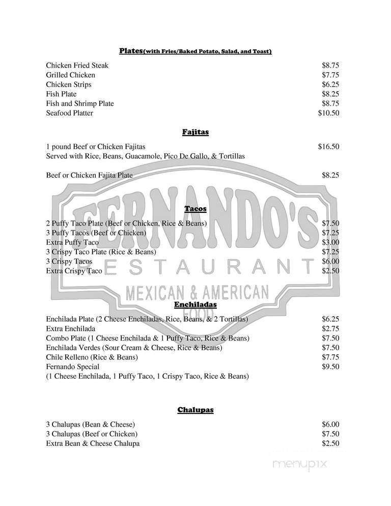 Fernandos Restaurant - Castroville, TX menu_pic