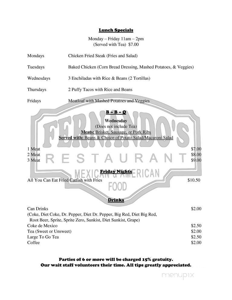 Fernandos Restaurant - Castroville, TX menu_pic