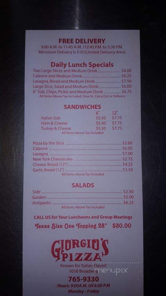 Giorgio's Pizza - Lubbock, TX menu_pic