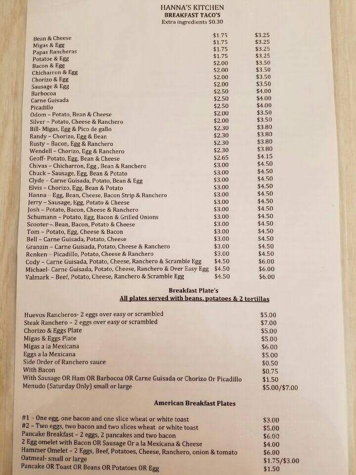 Hanna's Kitchen - New Braunfels, TX menu_pic