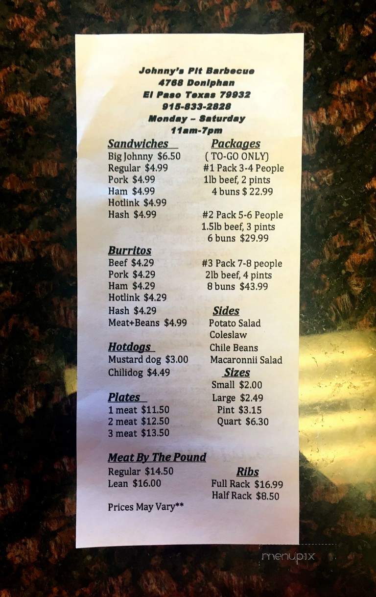 Johny's Restaurant - El Paso, TX menu_pic