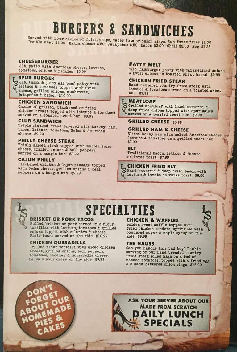 Lonesome Spur Cafe - Justin, TX menu_pic