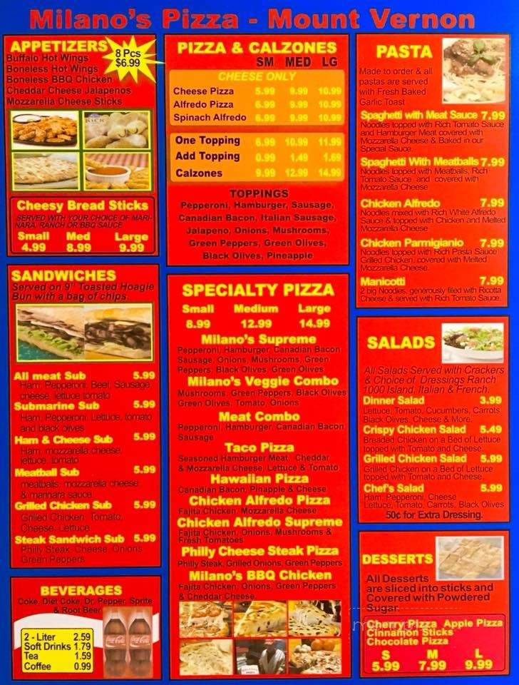 Online Menu of Milano's Pizza, Mount Vernon, TX