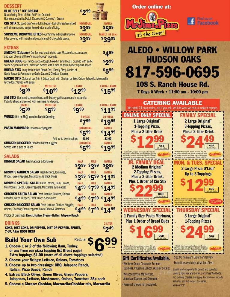 Online Menu of Mr Jim's Pizza, Weatherford, TX