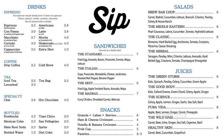 Sip Coffee & Expresso Bar - San Antonio, TX menu_pic