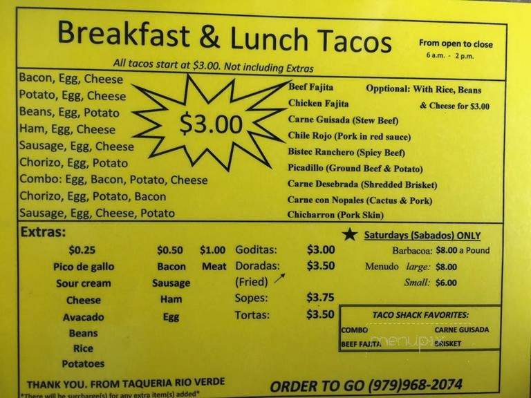Taqueria Rio Verde - La Grange, TX menu_pic