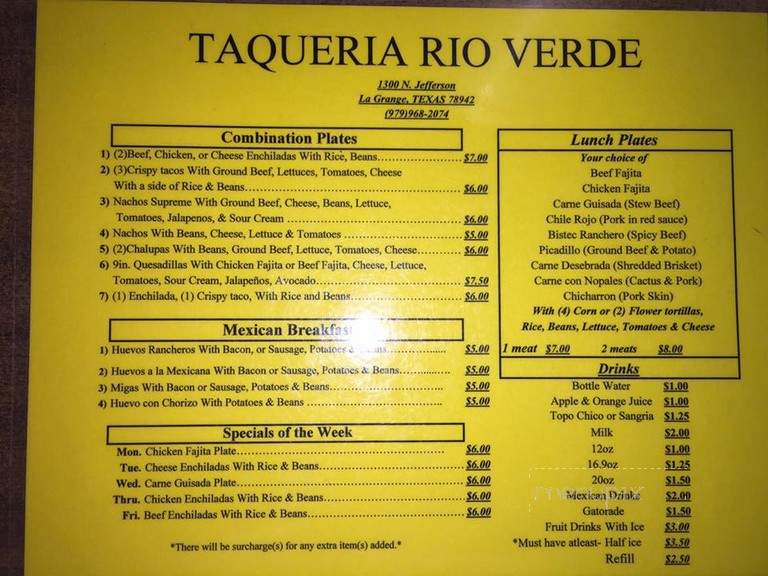 Taqueria Rio Verde - La Grange, TX menu_pic