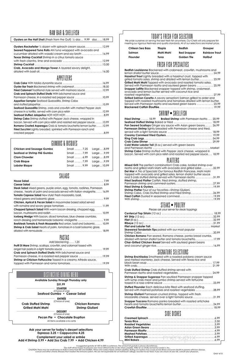 Willie G's Seafood Steakhouse - Galveston, TX menu_pic