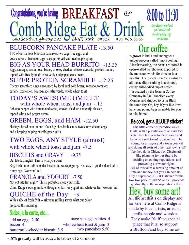 Comb Ridge Coffee - Bluff, UT menu_pic