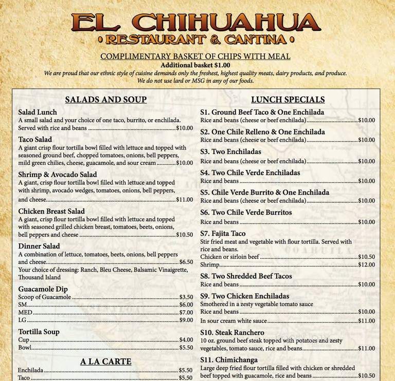 El Chihuahua Restaurant - Holladay, UT menu_pic