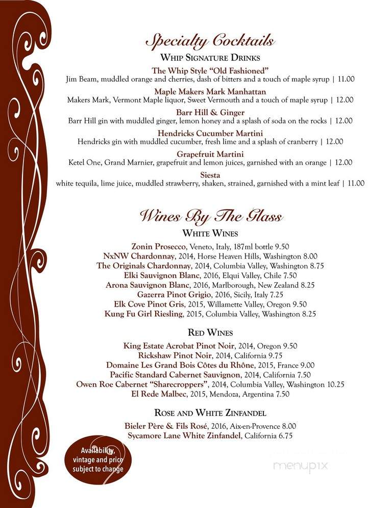 Whip Bar & Grill - Stowe, VT menu_pic