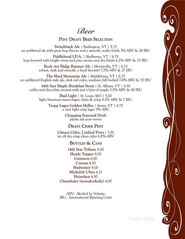 Whip Bar & Grill - Stowe, VT menu_pic