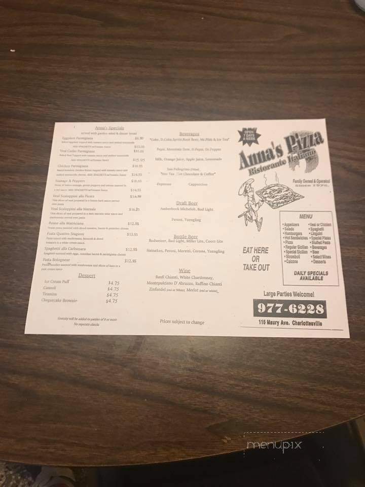 Anna's Pizza - Charlottesville, VA menu_pic