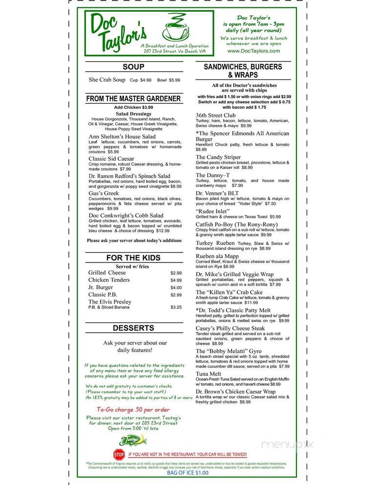 Doc Taylor's Restaurant - Virginia Beach, VA menu_pic
