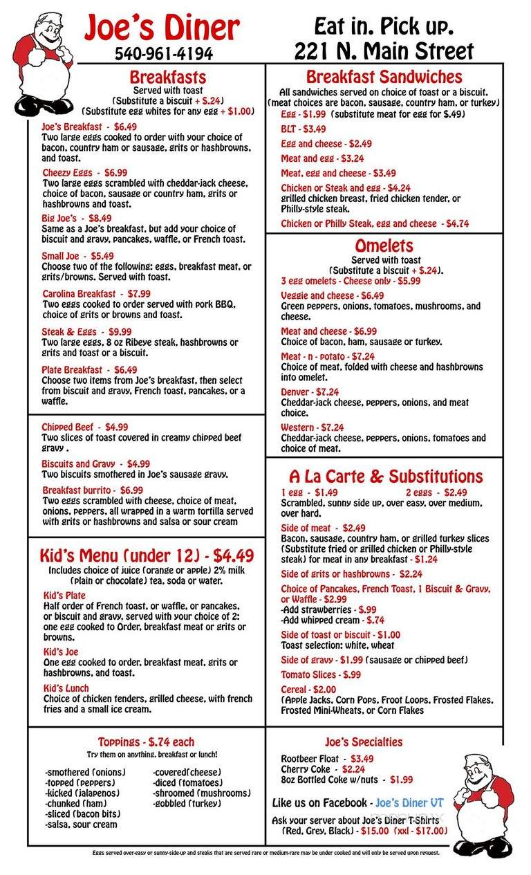 Joe's Diner - Blacksburg, VA menu_pic