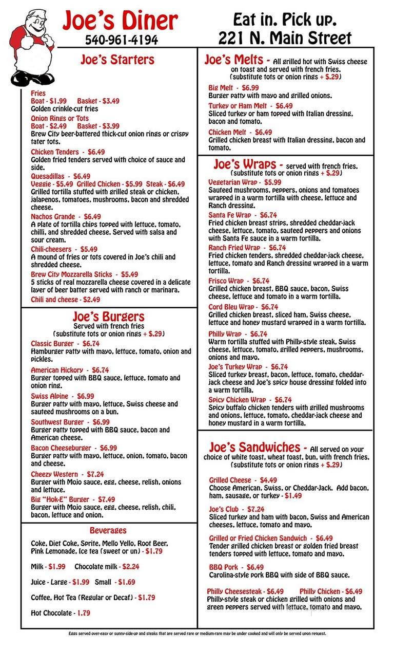 Joe's Diner - Blacksburg, VA menu_pic