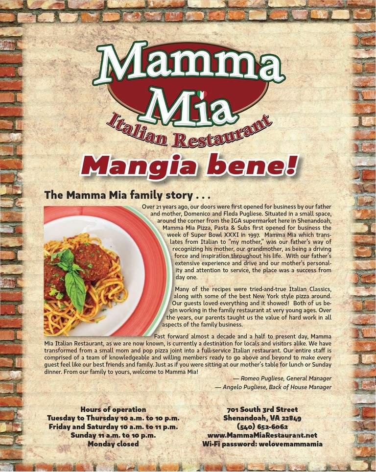 Mamma Mia Pizza Pasta & Subs - Shenandoah, VA menu_pic