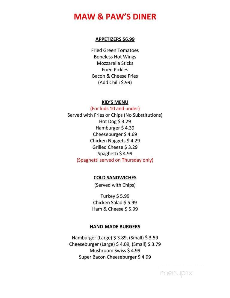 Maw & Paw's Diner - Eagle Rock, VA menu_pic