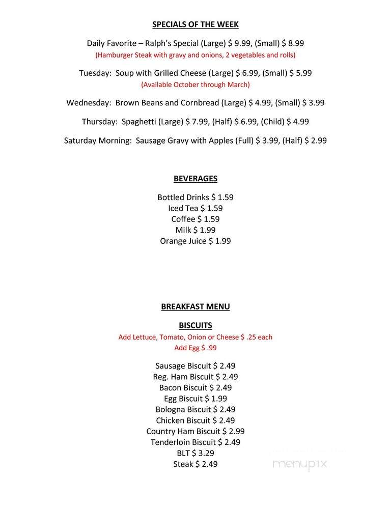 Maw & Paw's Diner - Eagle Rock, VA menu_pic