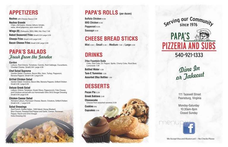 Papa's Pizzeria & Subs - Pearisburg, VA menu_pic