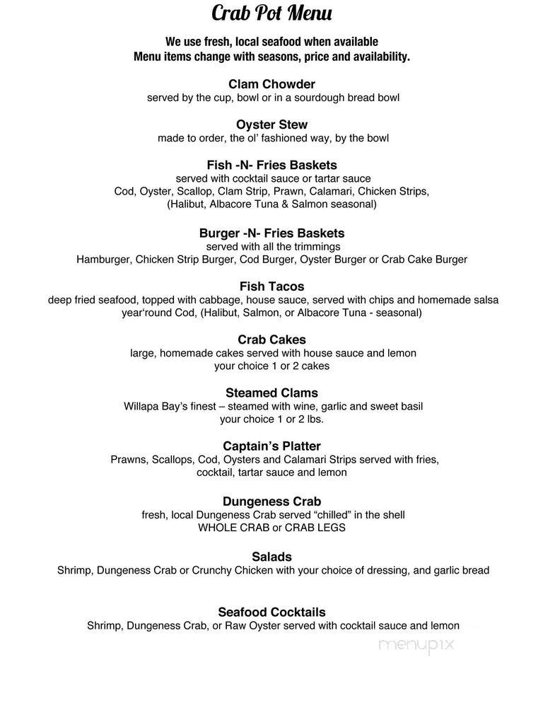 Crab Pot - Long Beach, WA menu_pic