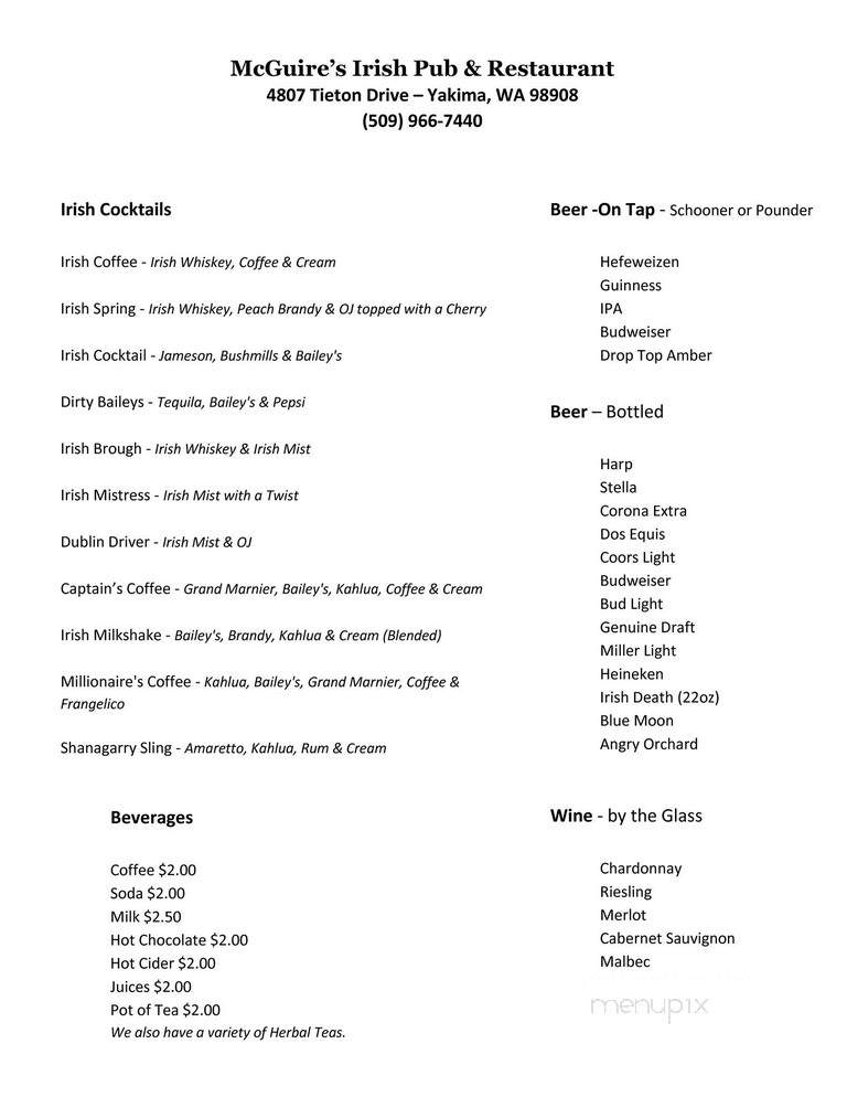 McGuire's Irish Restaurant - Yakima, WA menu_pic