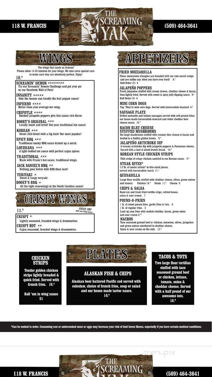 Screaming Yak - Spokane, WA menu_pic
