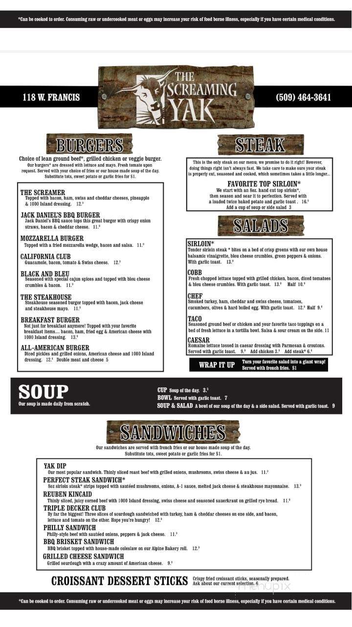 Screaming Yak - Spokane, WA menu_pic