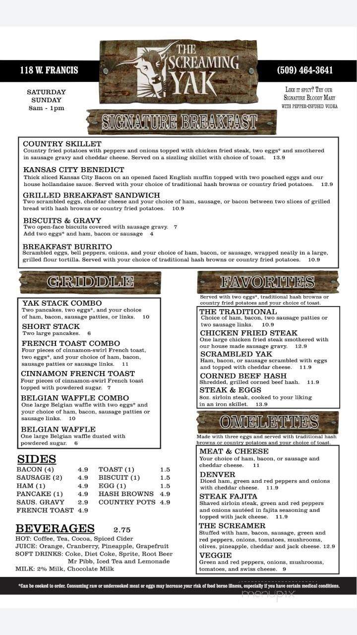 Screaming Yak - Spokane, WA menu_pic