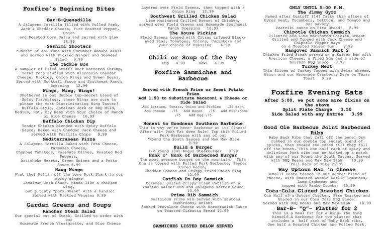 Foxfire Grille - Snowshoe, WV menu_pic