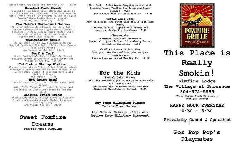 Foxfire Grille - Snowshoe, WV menu_pic