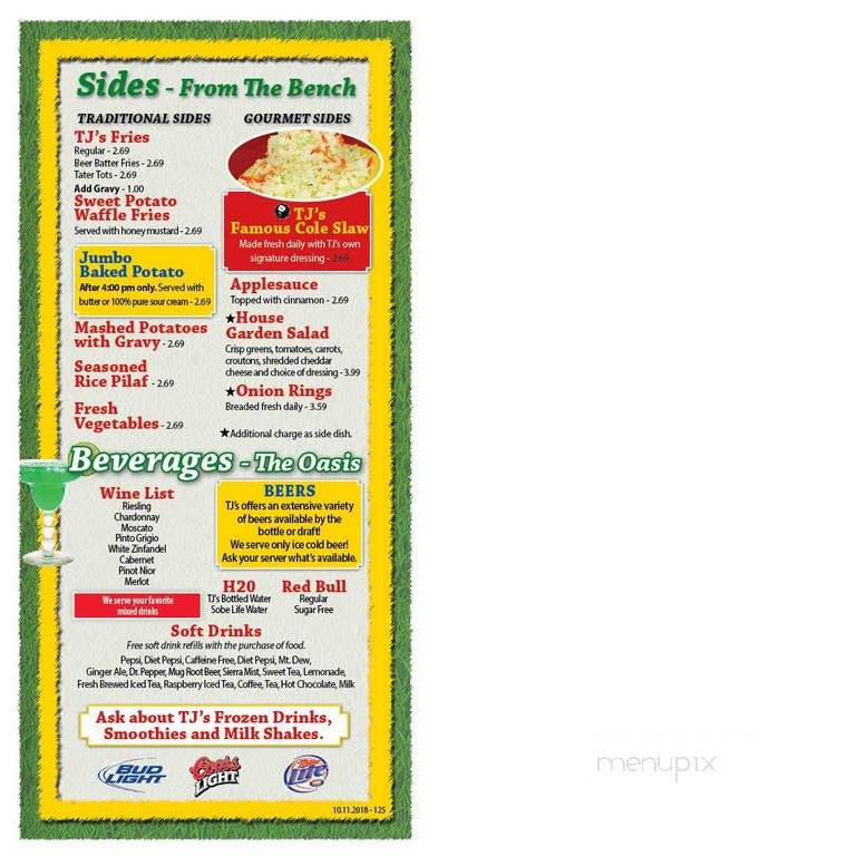 T J's Sports Garden Restaurant - Wheeling, WV menu_pic