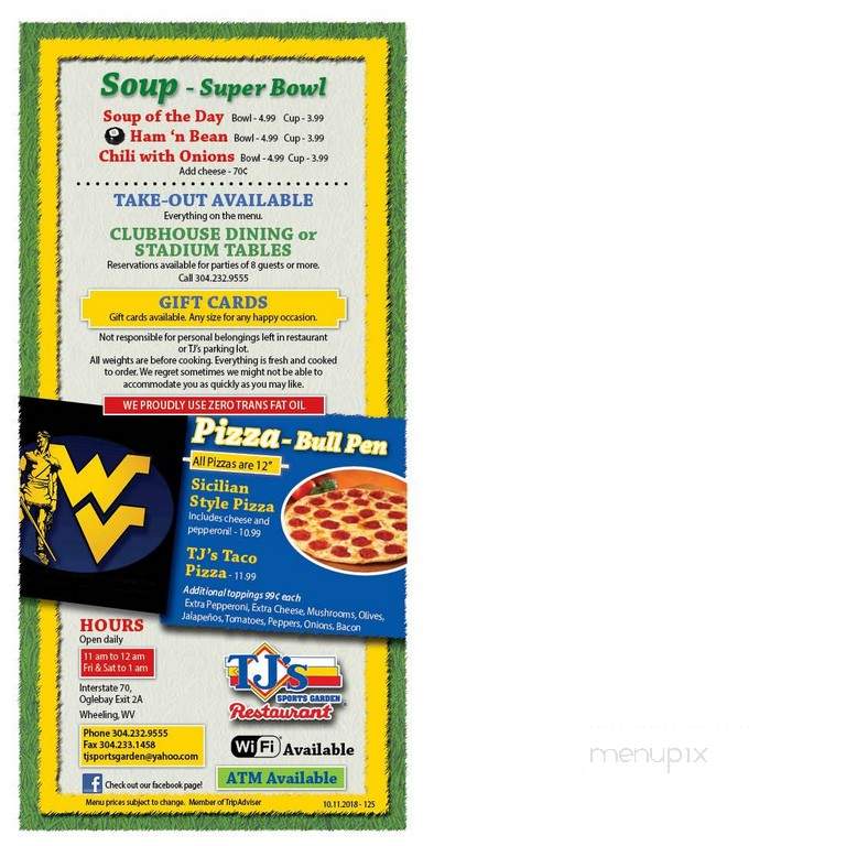 T J's Sports Garden Restaurant - Wheeling, WV menu_pic