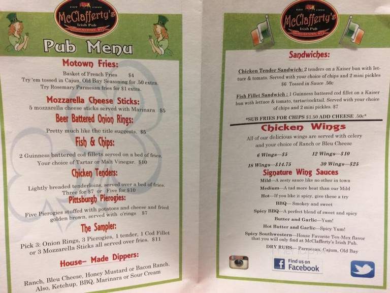 McClaffertys Pub - Morgantown, WV menu_pic