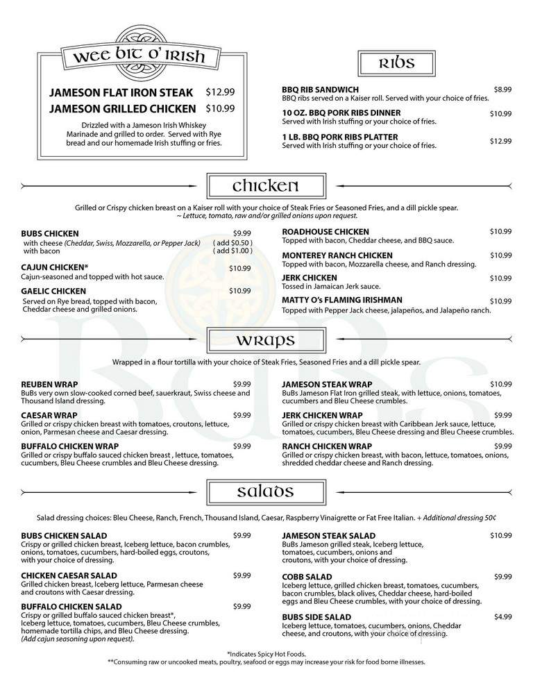 Bubs Irish Pub - Germantown, WI menu_pic