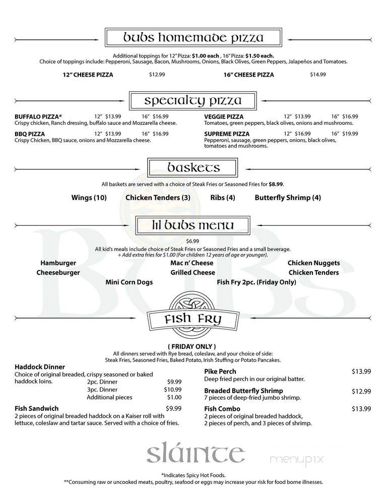Bubs Irish Pub - Germantown, WI menu_pic