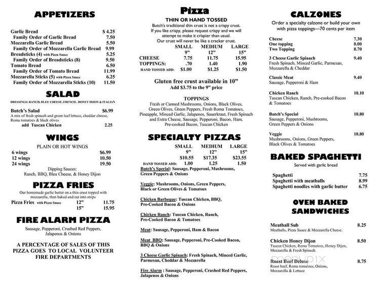 Butch's Pizza Of The North - Eagle River, WI menu_pic