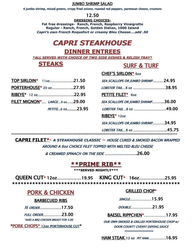 Capri Steak House - Columbus, WI menu_pic