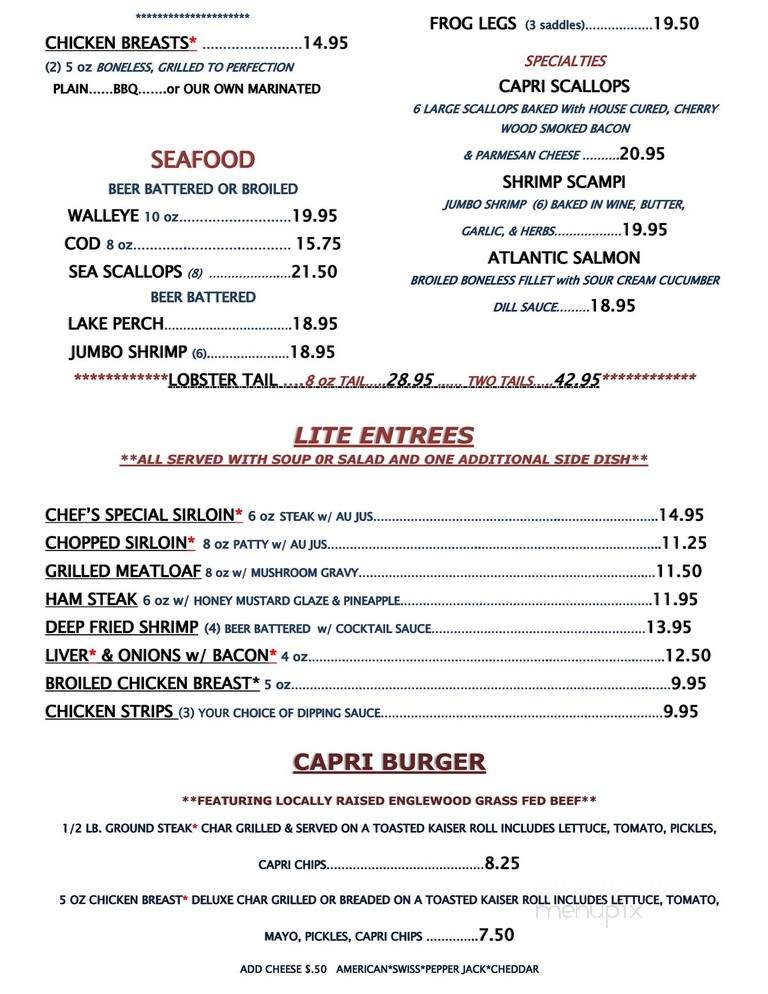 Capri Steak House - Columbus, WI menu_pic