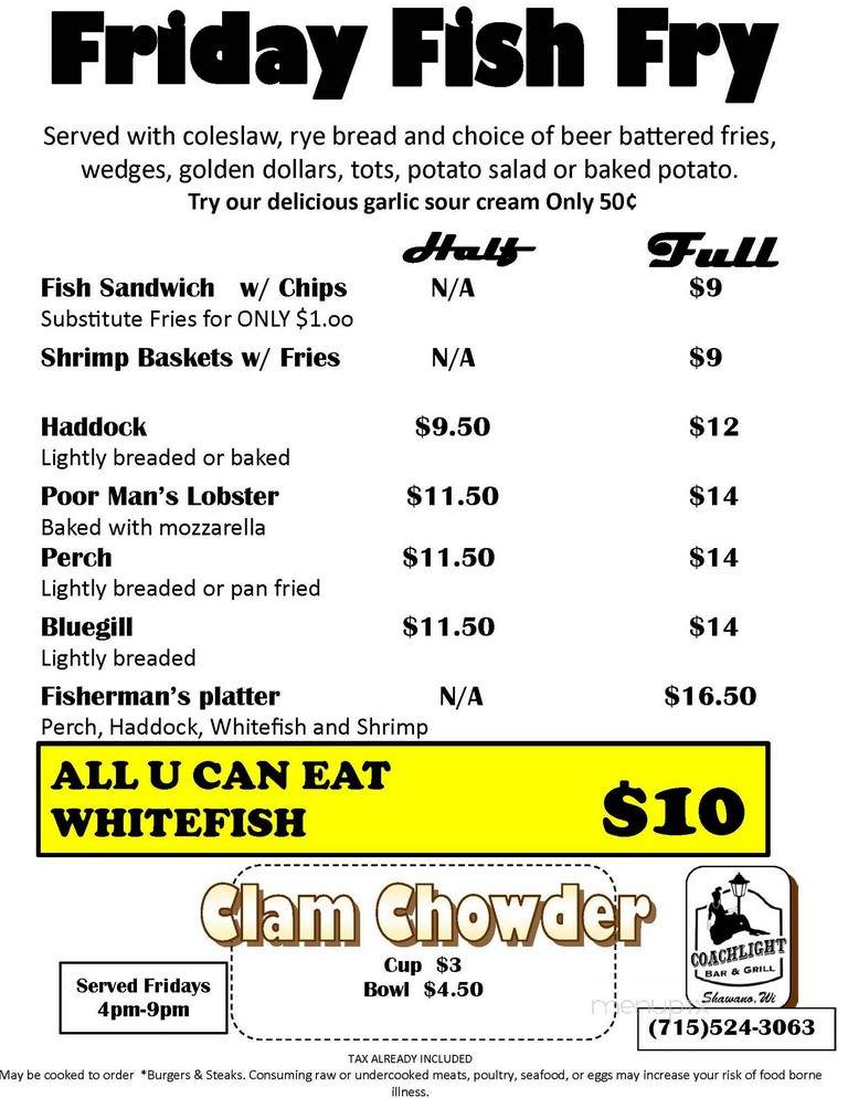 Coachlight Bar & Grill - Shawano, WI menu_pic